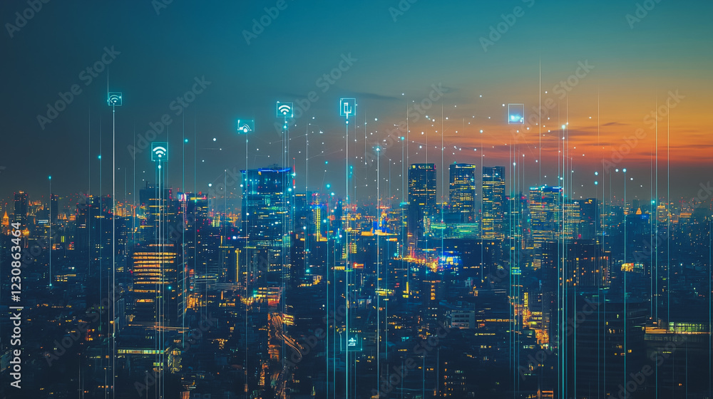 Abstract business man stands on Smart digital Innovation city with connection network reciprocity over the twilight cityscape. of future wireless digital city and social media networking systems Abstract business man stands on Smart digital Innovation city with connection network reciprocity over the twilight cityscape. of future wireless digital city and social media networking systems