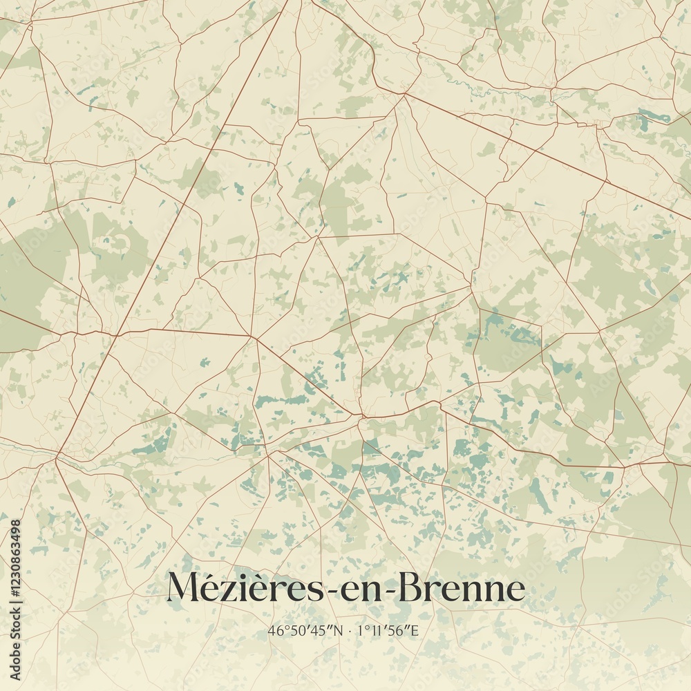 Fototapeta premium Retro map of M�zi�res-en-Brenne, Centre-Val de Loire, France. Vintage street map.