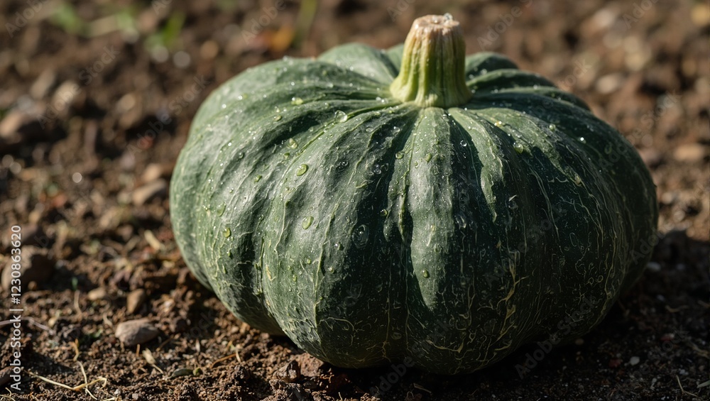 Fresh green turban squash with water droplets on rough skin Fresh green turban squash with water droplets on rough skin