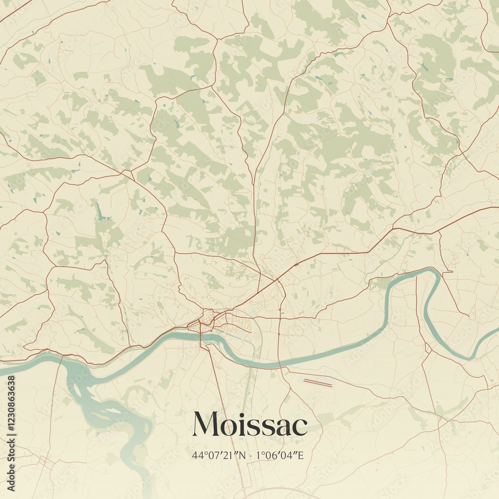 Fototapeta premium Retro map of Moissac, Occitanie, France. Vintage street map.