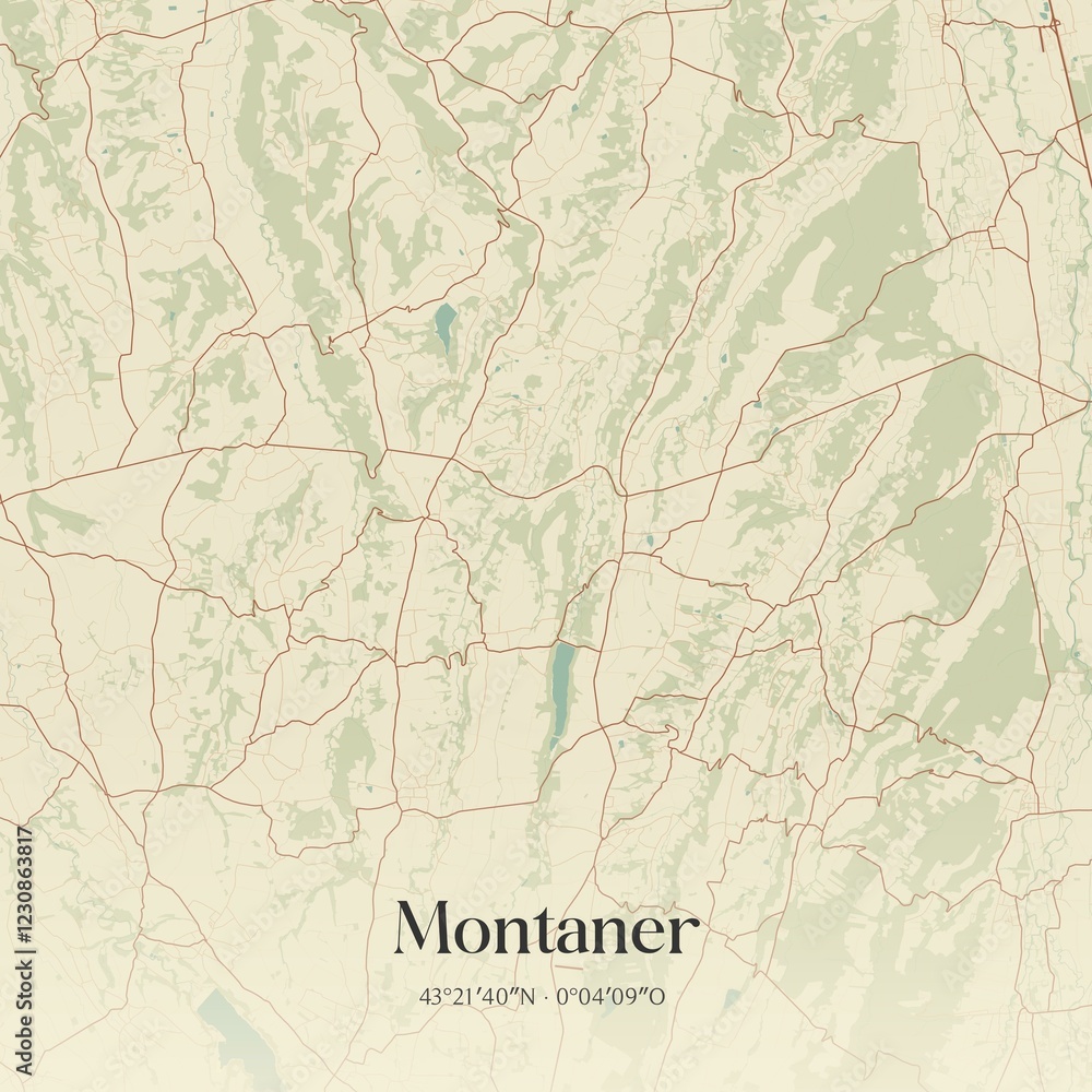 Obraz premium Retro map of Montaner, Nouvelle-Aquitaine, France. Vintage street map.