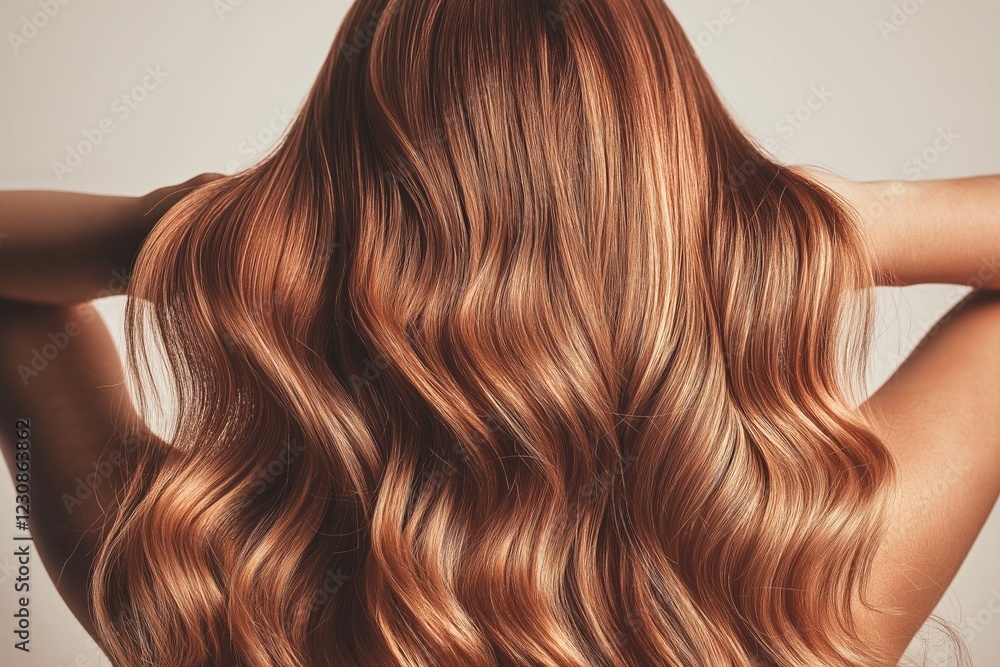 Fototapeta premium Woman shows off her beautiful healthy red hair with curls, hair care, treatment
