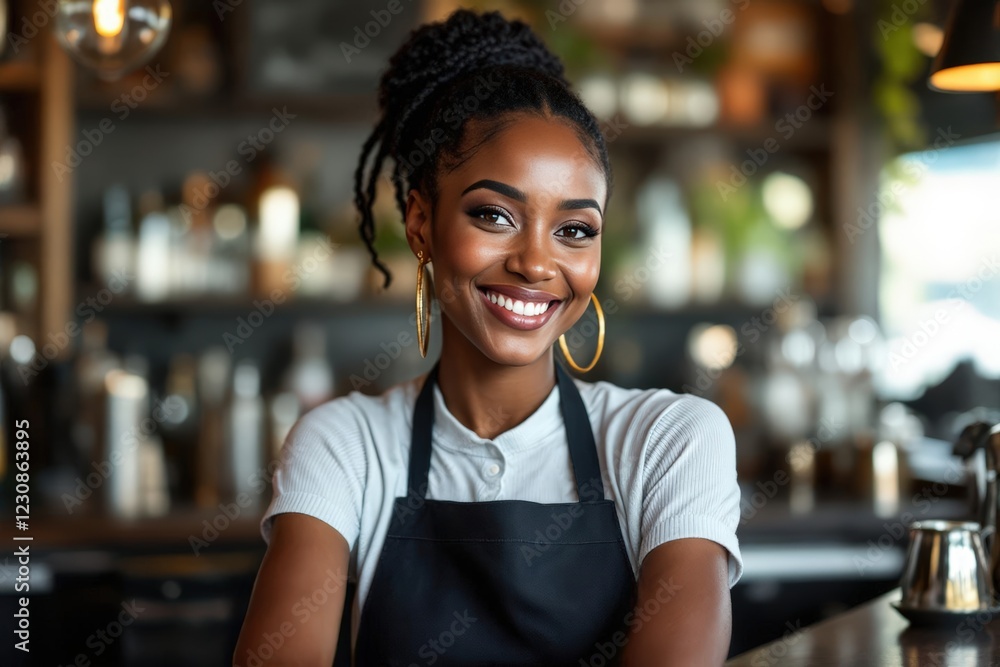 portrait of a young smiling Malian female bartender against blurred bar background portrait of a young smiling Malian female bartender against blurred bar background