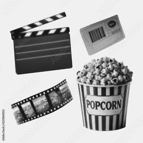 cinema elements, clapperboard, popcorn, film tape strip, ticket, stipple effect movie collection