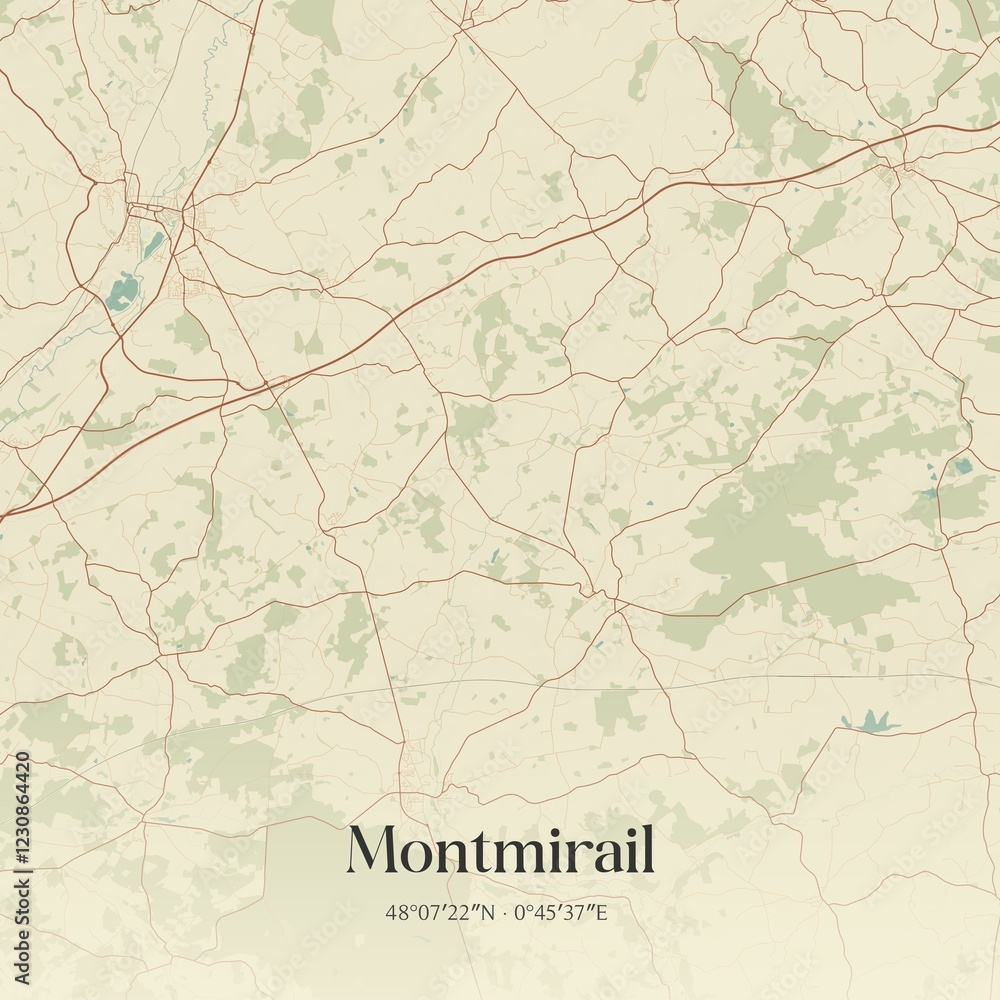 Fototapeta premium Retro map of Montmirail, Pays de la Loire, France. Vintage street map.