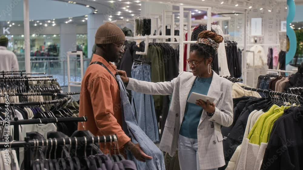 Side medium long shot of female African American fashion stylists helping Black male client to choose denim shirt in clothes shop Side medium long shot of female African American fashion stylists helping Black male client to choose denim shirt in clothes shop