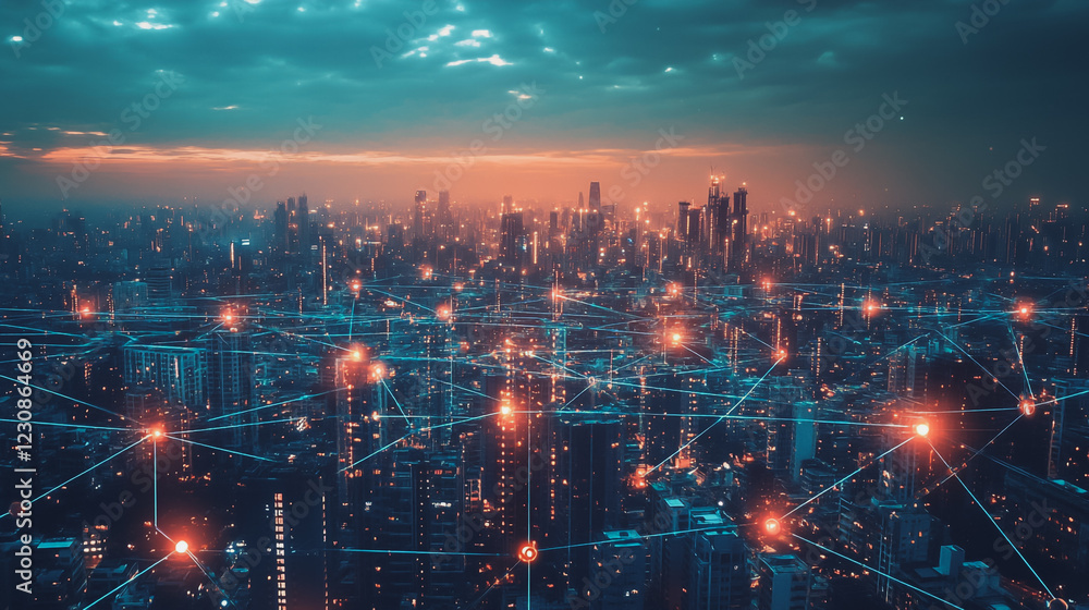 Fototapeta premium Abstract business man stands on Smart digital Innovation city with connection network reciprocity over the twilight cityscape. of future wireless digital city and social media networking systems