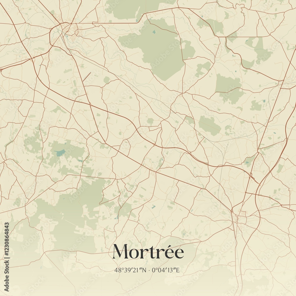 Fototapeta premium Retro map of Mortr�e, Normandie, France. Vintage street map.