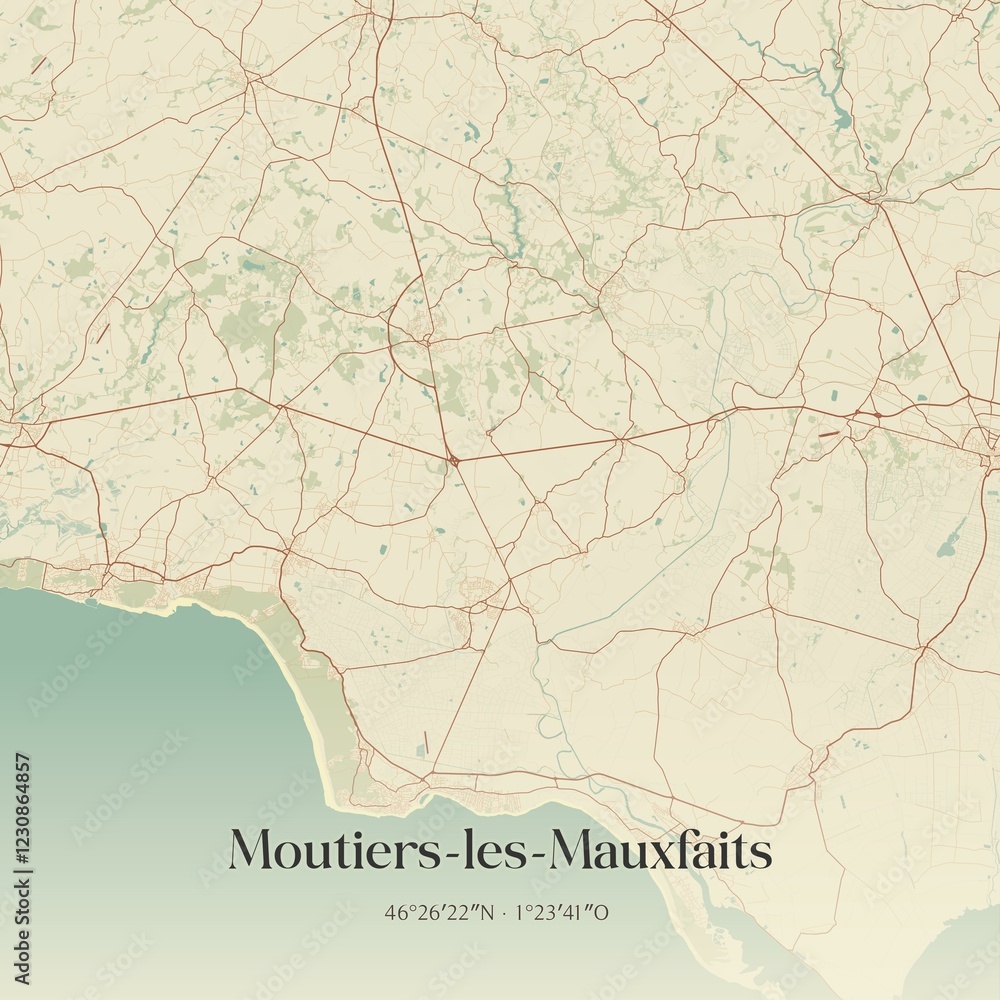 Fototapeta premium Retro map of Moutiers-les-Mauxfaits, Pays de la Loire, France. Vintage street map.