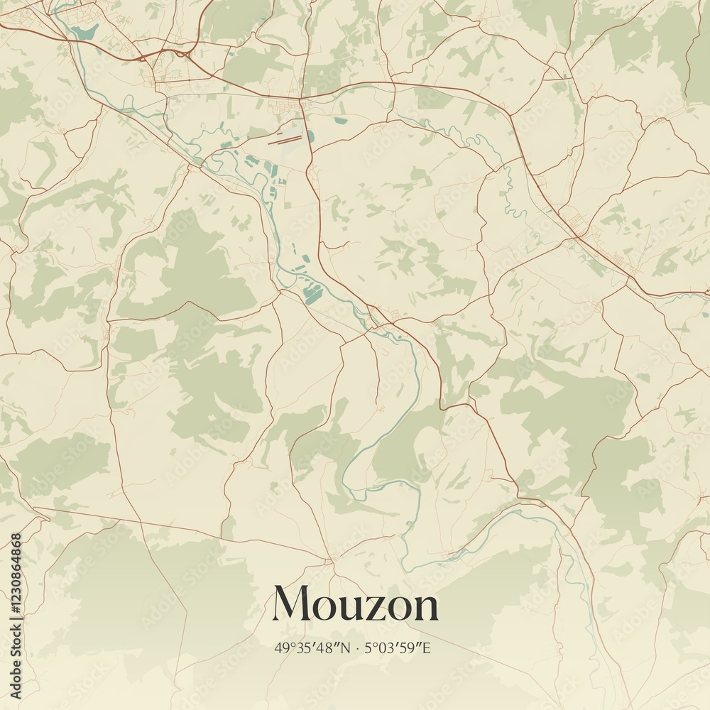 Fototapeta premium Retro map of Mouzon, Grand Est, France. Vintage street map.