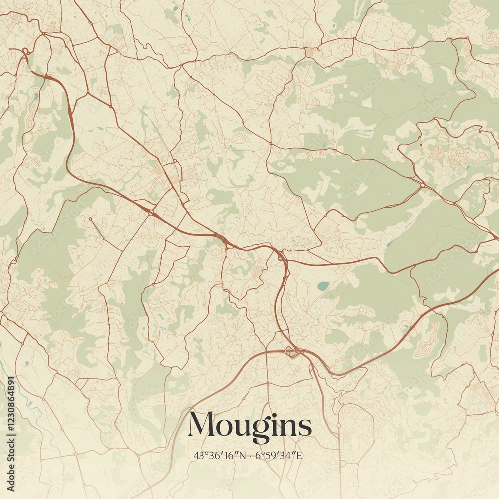 Fototapeta premium Retro map of Mougins, Provence-Alpes-C�te d'Azur, France. Vintage street map.