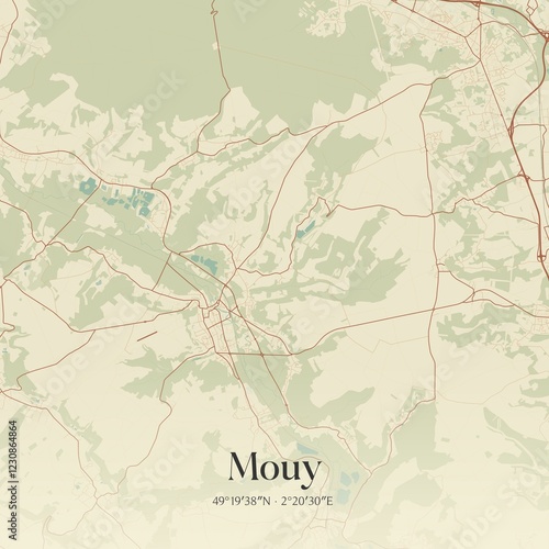 Fototapeta Naklejka Na Ścianę i Meble -  Retro map of Mouy, Hauts-de-France, France. Vintage street map.