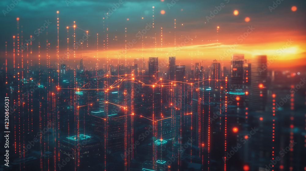 Abstract business man stands on Smart digital Innovation city with connection network reciprocity over the twilight cityscape. of future wireless digital city and social media networking systems