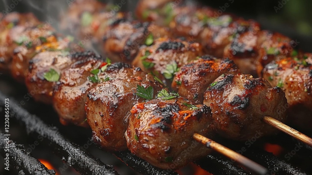 Closeup of Juicy Grilled Kebabs on a Hot Grill Closeup of Juicy Grilled Kebabs on a Hot Grill