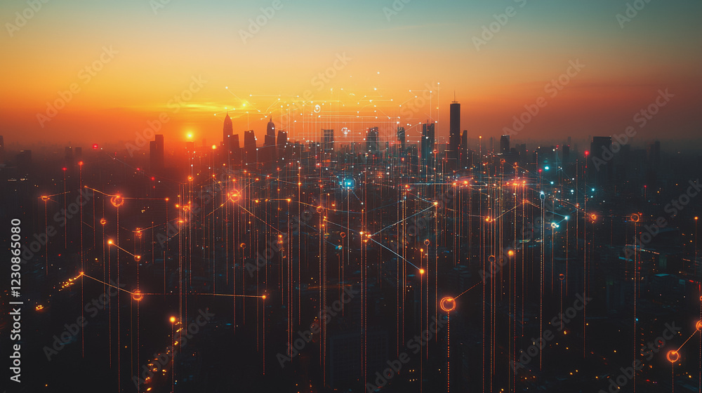 Fototapeta premium Abstract business man stands on Smart digital Innovation city with connection network reciprocity over the twilight cityscape. of future wireless digital city and social media networking systems