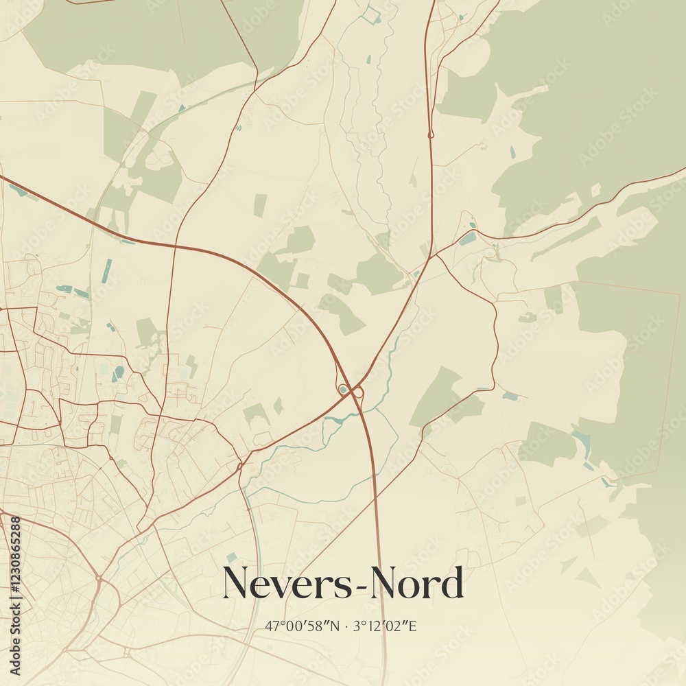 Obraz premium Retro map of Nevers-Nord, Bourgogne-Franche-Comt�, France. Vintage street map.