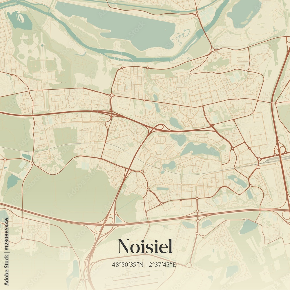 Naklejka premium Retro map of Noisiel, �le-de-France, France. Vintage street map.