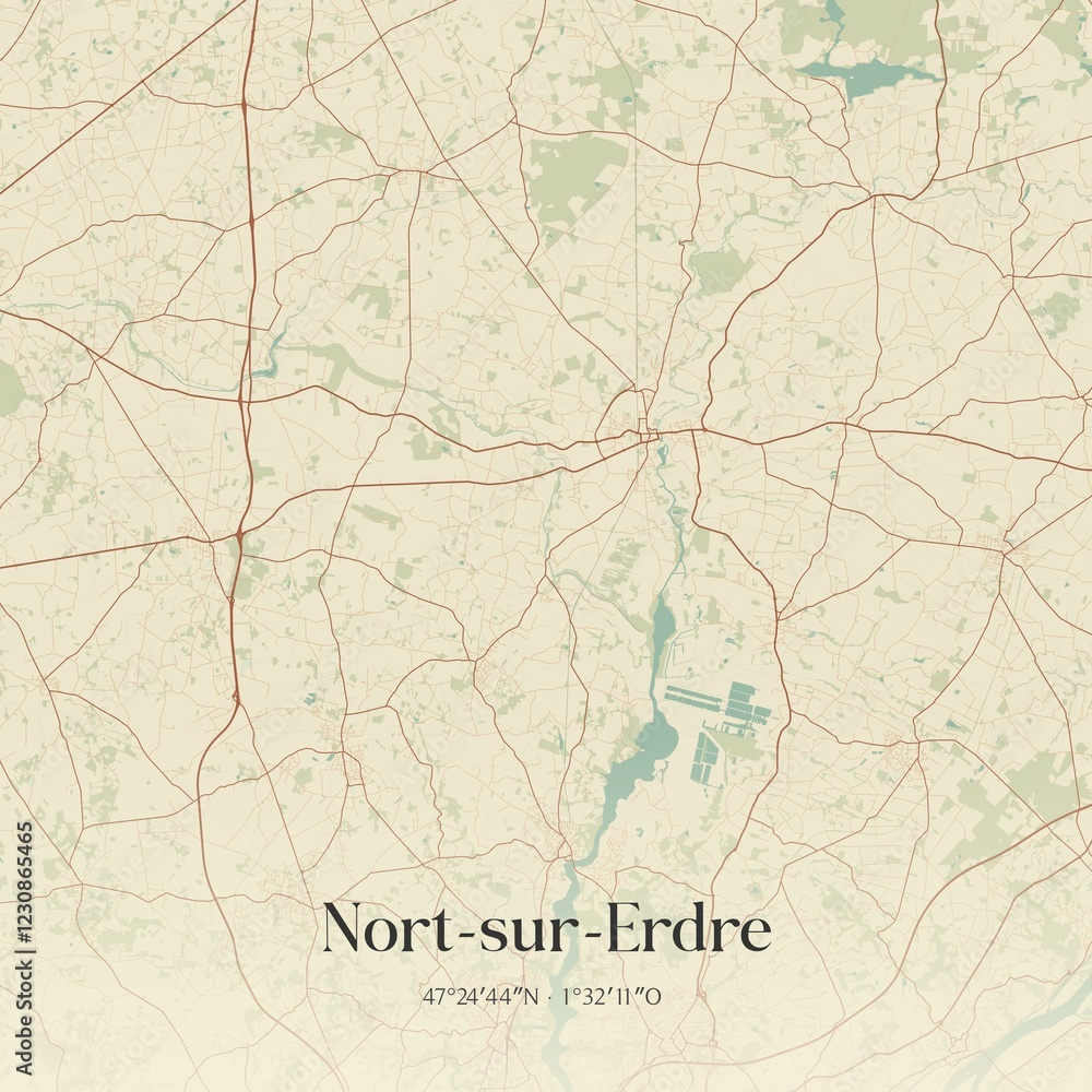 Fototapeta premium Retro map of Nort-sur-Erdre, Pays de la Loire, France. Vintage street map.