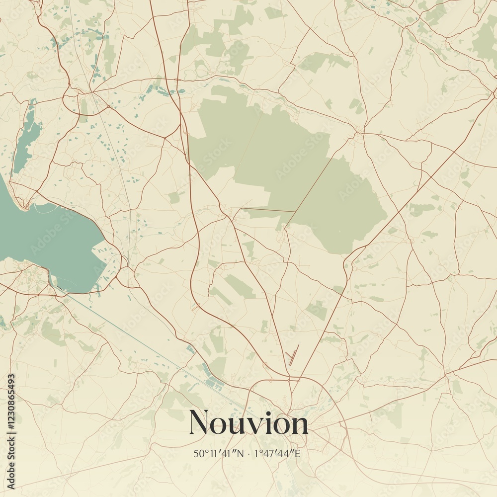 Fototapeta premium Retro map of Nouvion, Hauts-de-France, France. Vintage street map.