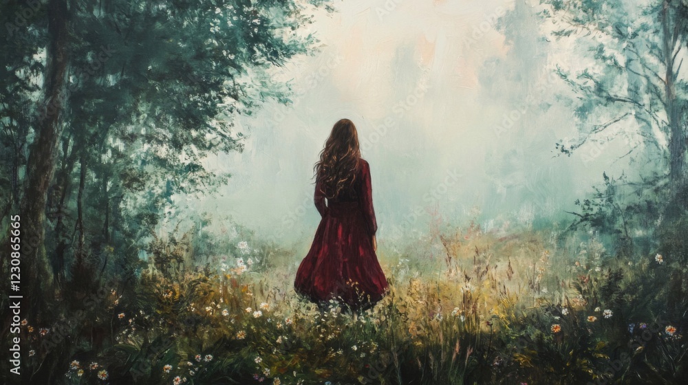 Woman in Red Dress Walking Through Misty Forest