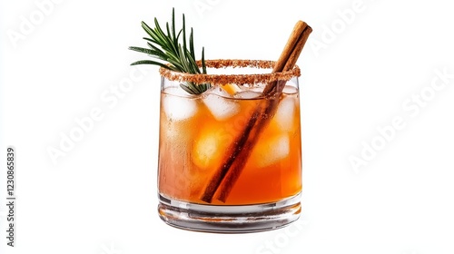 A festive glass of apple cider sangria, cinnamon sugar rim, garnished with rosemary sprig, watercolor style, bright and inviting, isolated on white background