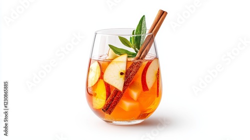A glass of apple cider sangria, garnished with cinnamon sticks and apple slices, fall-inspired decor, realistic render, isolated on white background