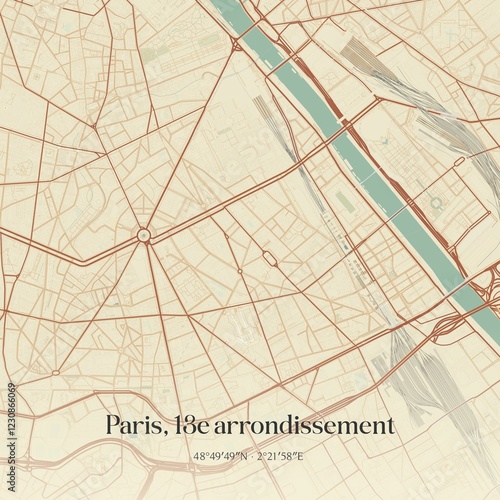 Retro map of Paris, 13e arrondissement, �le-de-France, France. Vintage street map.