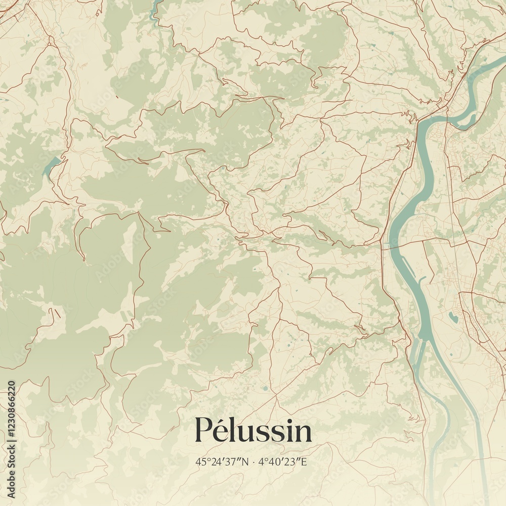 Fototapeta premium Retro map of P�lussin, Auvergne-Rh�ne-Alpes, France. Vintage street map.
