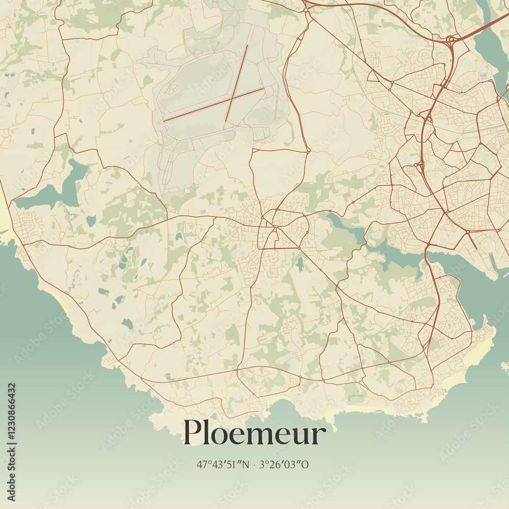 Fototapeta premium Retro map of Ploemeur, Bretagne, France. Vintage street map.