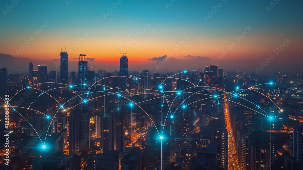 Fototapeta premium Abstract business man stands on Smart digital Innovation city with connection network reciprocity over the twilight cityscape. of future wireless digital city and social media networking systems