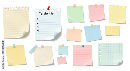 Doodle paper notes, stickers, sticky sheets and tape set. To do list, memo messages with curled corner, notepads and torn paper with pin
