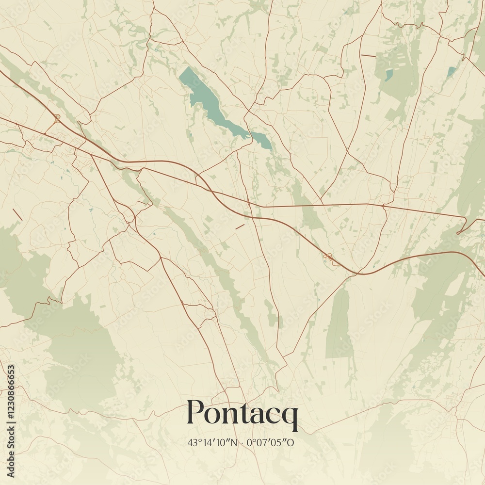 Fototapeta premium Retro map of Pontacq, Nouvelle-Aquitaine, France. Vintage street map.