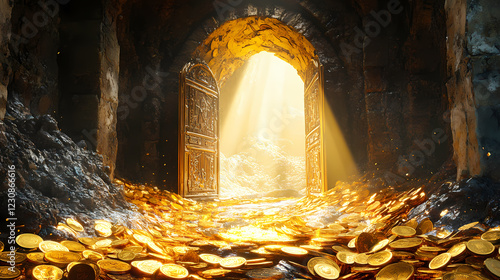 Golden coins scattered around an open door leading to a treasure-filled room illuminated by sunlight. generative ai. Gilded Cavern. Illustration photo