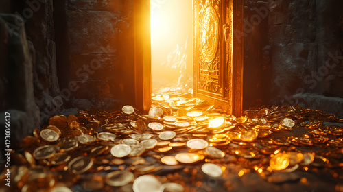 Golden coins scattered around an open door leading to a treasure-filled room illuminated by sunlight. generative ai. Gilded Cavern. Illustration photo