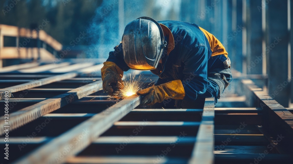 A focused shot of a welder welding metal beams at a bridge renovation site, Bridge renovation welding scene, Skilled and methodical style A focused shot of a welder welding metal beams at a bridge renovation site, Bridge renovation welding scene, Skilled and methodical style