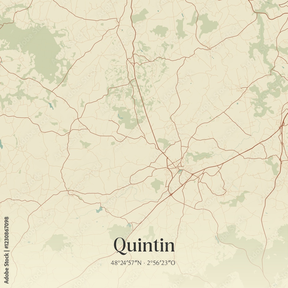 Fototapeta premium Retro map of Quintin, Bretagne, France. Vintage street map.