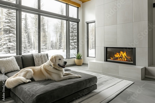 A large Labrador dog lies on a cozy couch in a living room with a fireplace in the wintertime