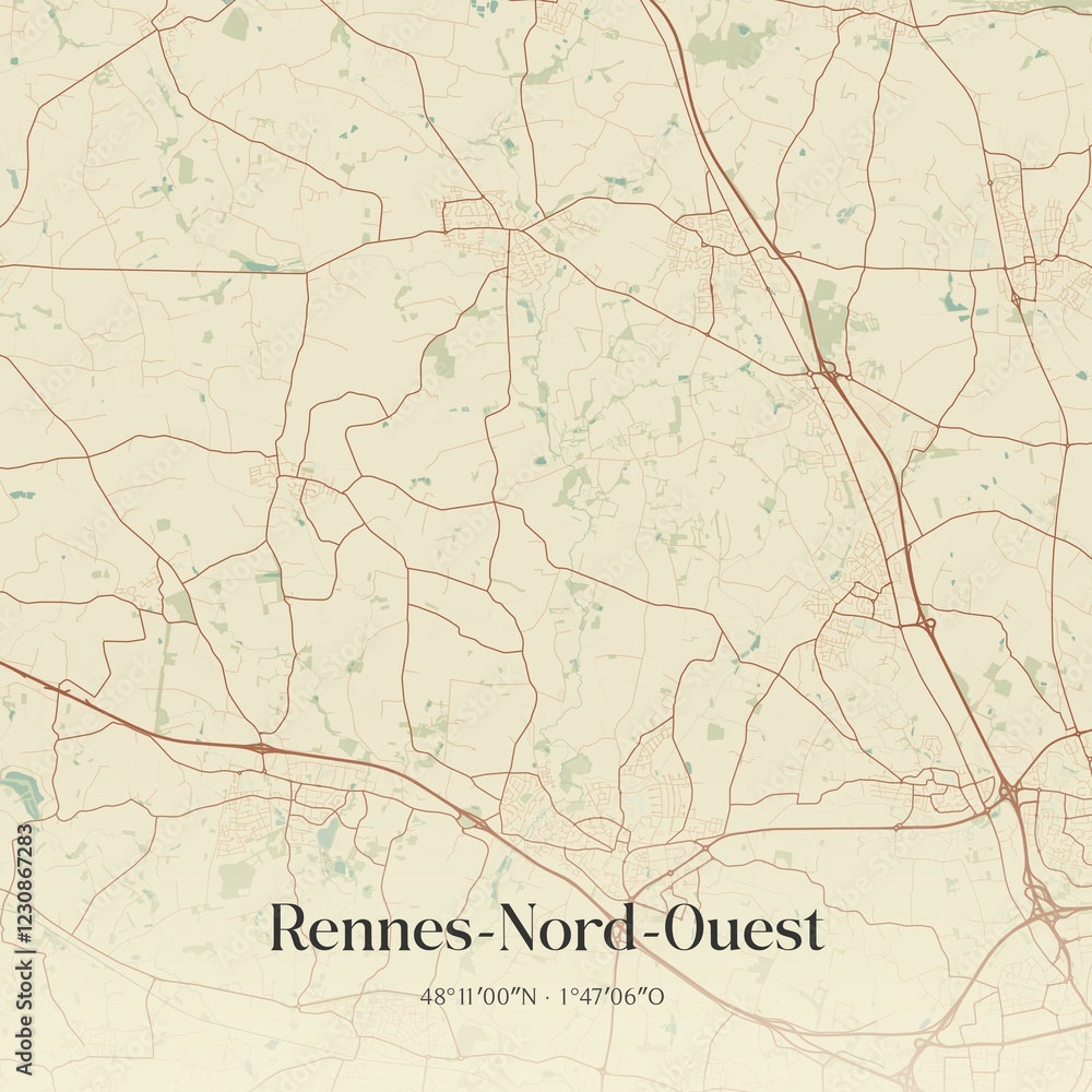 Fototapeta premium Retro map of Rennes-Nord-Ouest, Bretagne, France. Vintage street map.