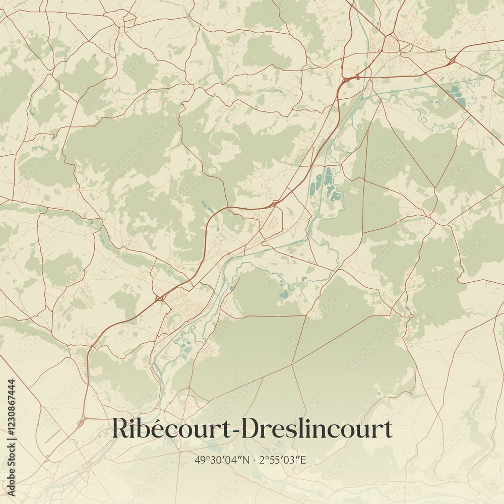 Fototapeta premium Retro map of Rib�court-Dreslincourt, Hauts-de-France, France. Vintage street map.