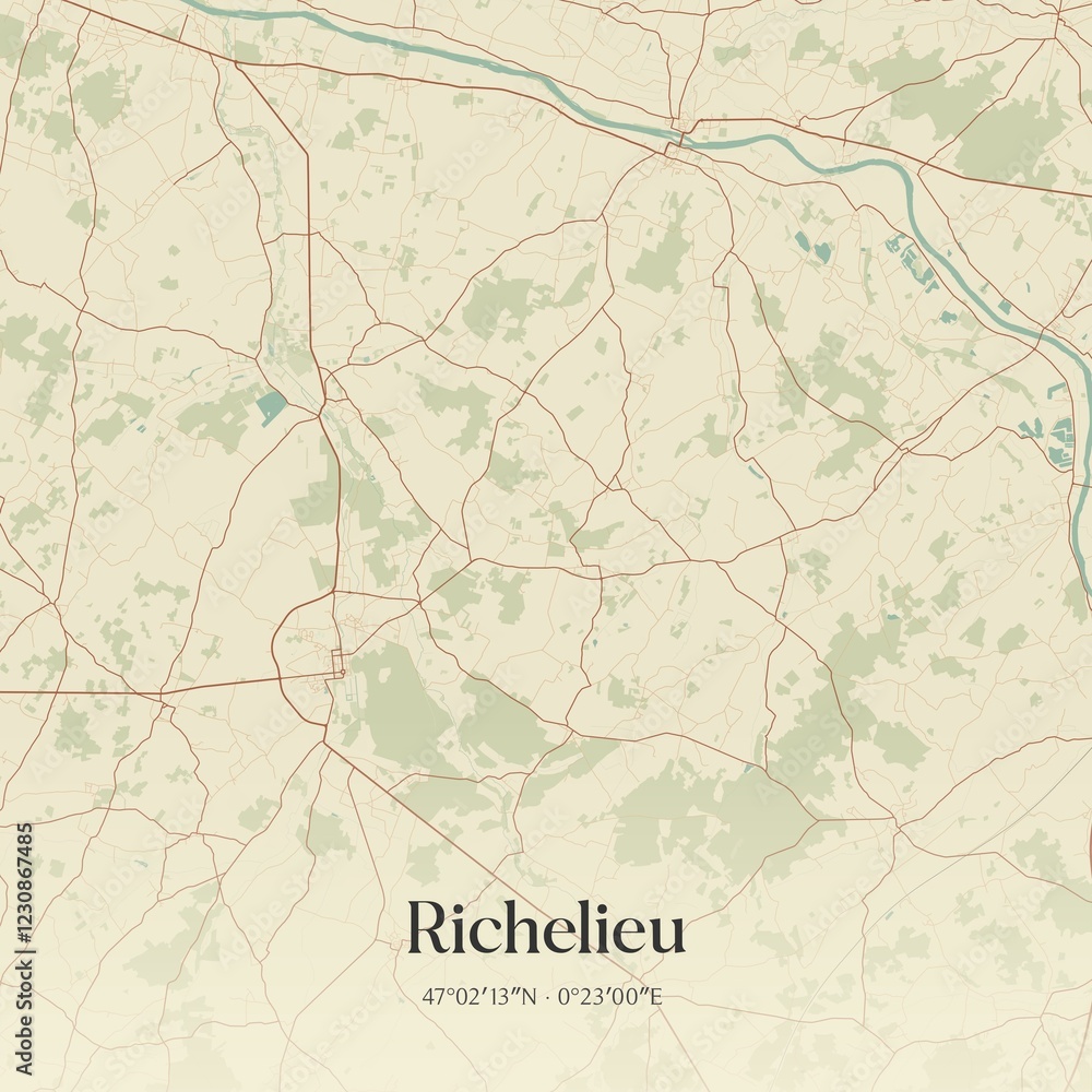 Retro map of Richelieu, Centre-Val de Loire, France. Vintage street map.
