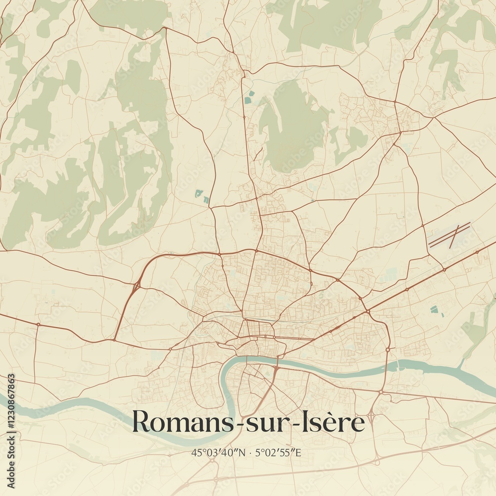 Fototapeta premium Retro map of Romans-sur-Is�re, Auvergne-Rh�ne-Alpes, France. Vintage street map.