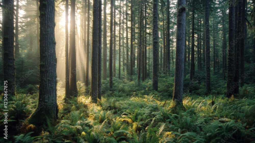 Obraz premium Sunlit Forest Path with Lush Green Ferns