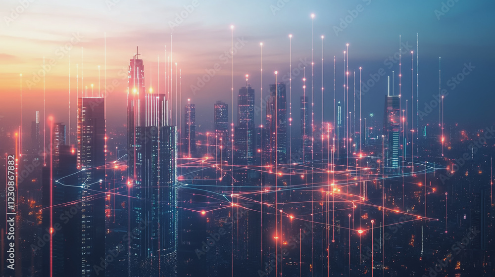 Abstract business man stands on Smart digital Innovation city with connection network reciprocity over the twilight cityscape. of future wireless digital city and social media networking systems
Abstract business man stands on Smart digital Innovation city with connection network reciprocity over the twilight cityscape. of future wireless digital city and social media networking systems