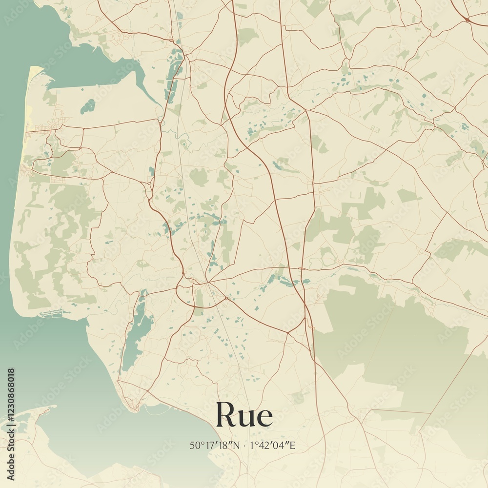 Fototapeta premium Retro map of Rue, Hauts-de-France, France. Vintage street map.