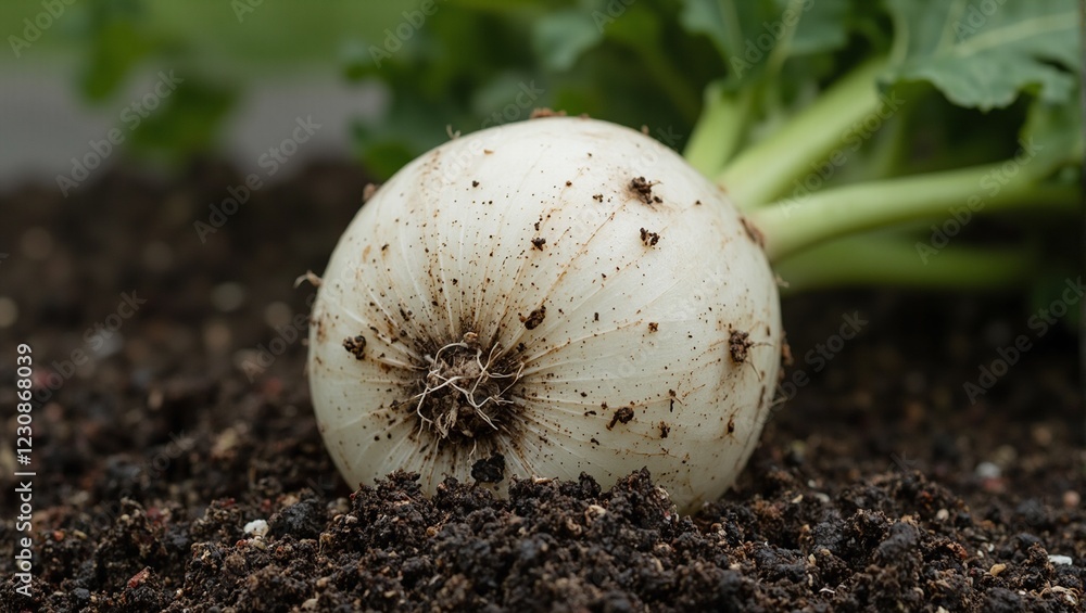 Freshly dug daikon radish on soil bed macro shot Freshly dug daikon radish on soil bed macro shot