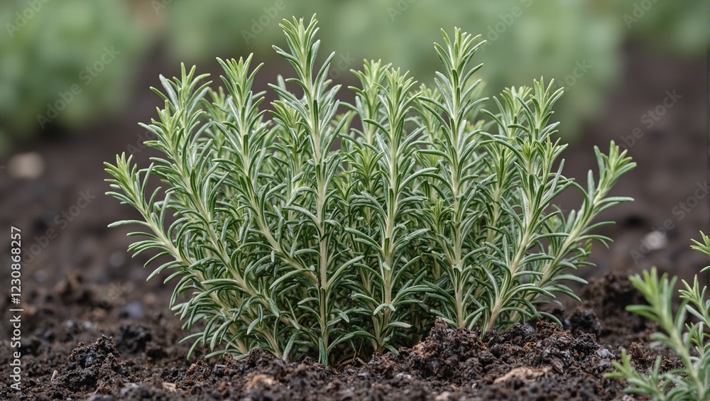 Vibrant fresh rosemary in soil needle like leaves and stems standing out Vibrant fresh rosemary in soil needle like leaves and stems standing out