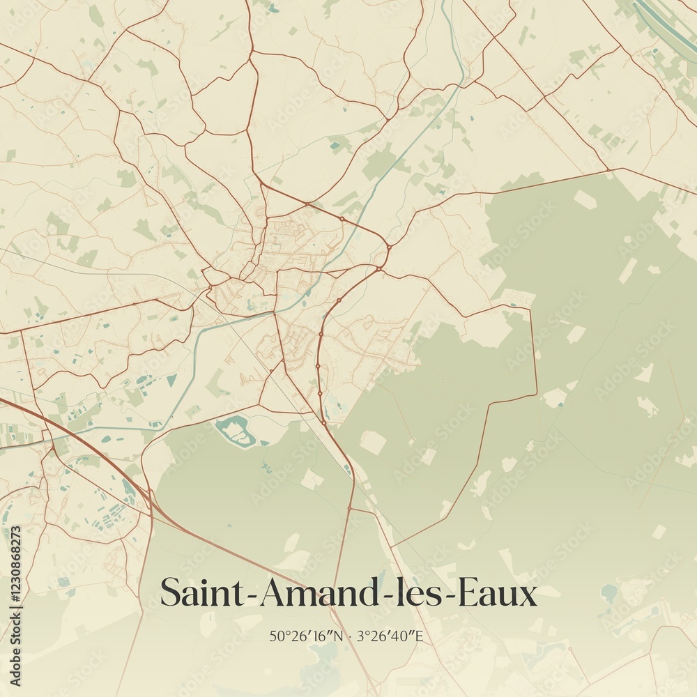 Fototapeta premium Retro map of Saint-Amand-les-Eaux, Hauts-de-France, France. Vintage street map.