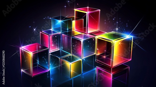 Vector artwork of 3D cubes with vibrant colorful reflections and glowing edges enhanced by bright lighting