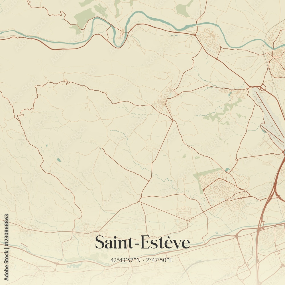 Obraz premium Retro map of Saint-Est�ve, Occitanie, France. Vintage street map.