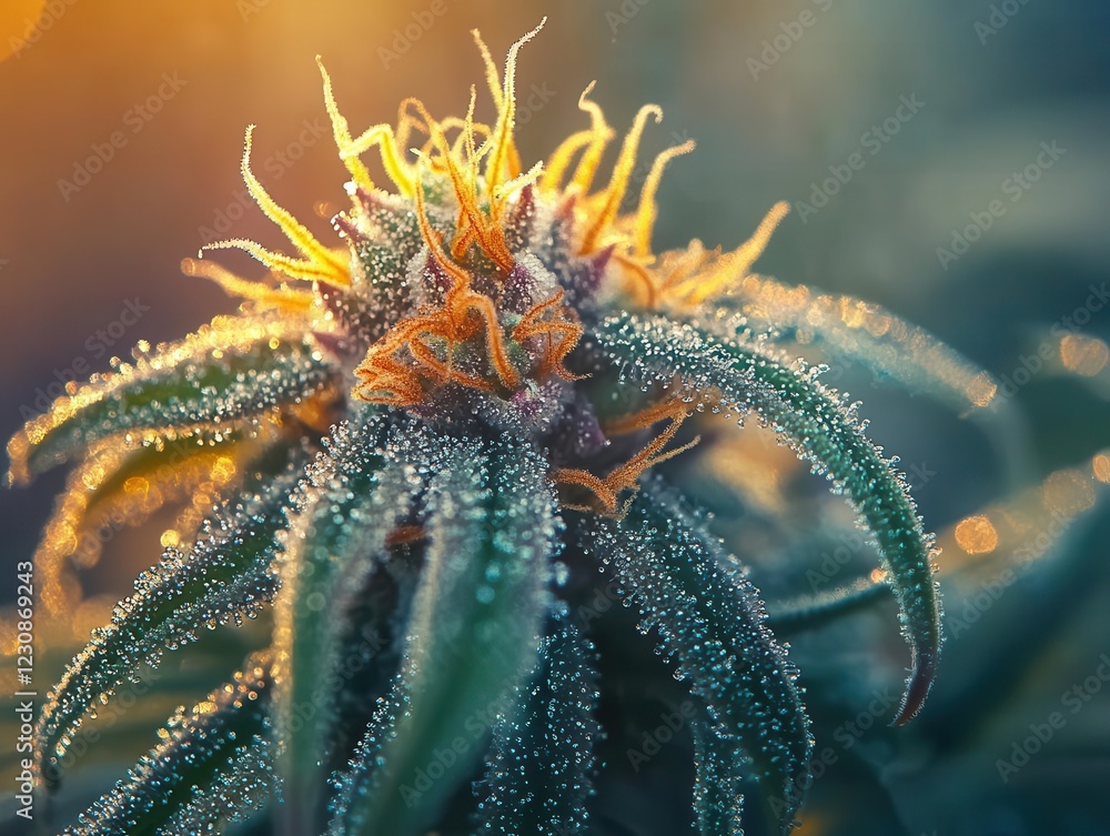 Fototapeta premium artistically composed cannabis flower macro, showing crystalline trichomes and vibrant orange pistils with dramatic lighting and shallow depth of field